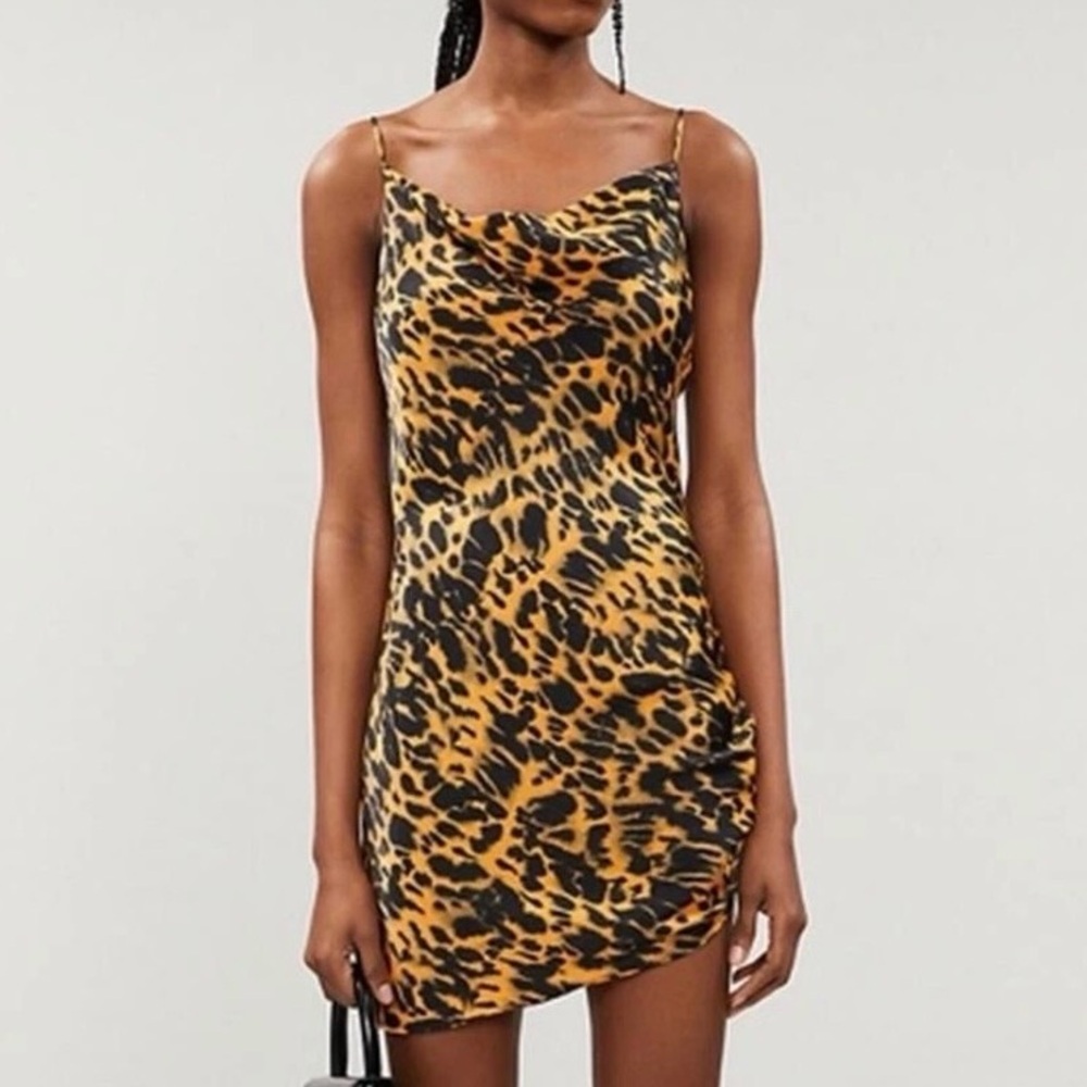TOPSHOP| Animal Print Black/Tan Stretch Satin Cowl Neck Slip Mini Dress Sz 10 - Picture 1 of 6
